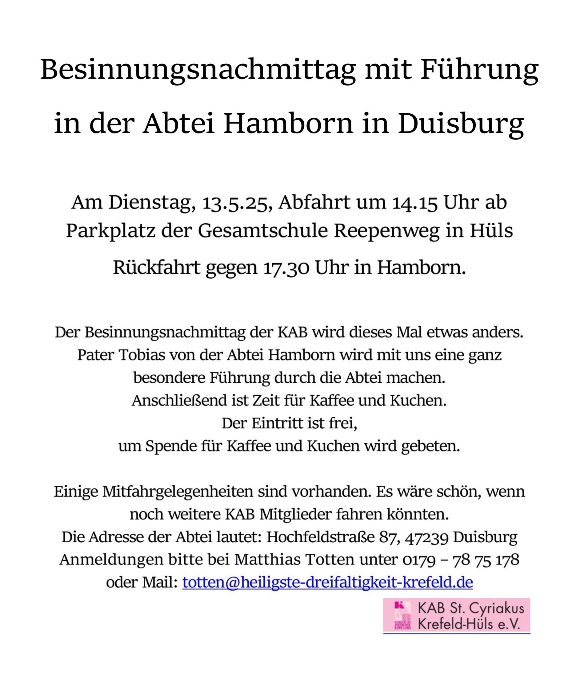 Abtei Hamborn in Duisburg_Besinnungsnachmittag und Führung 13.05.2025